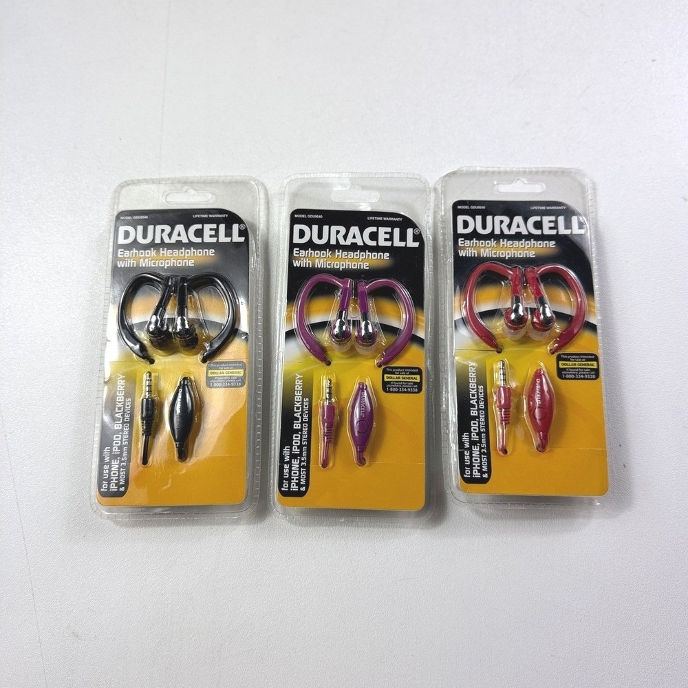 LOT 3 Duracell Earhook Headphones with Microphone GDU9540 Wired 3.5mm NEW